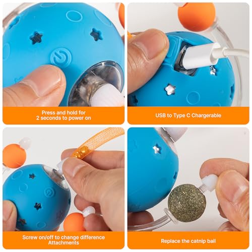 4th Gen Interactive Cat Toys for Indoor Cats Adult, Moving Cat Ball with Elastic Mesh Tail,Automatic Kitten Toys for Bored Indoor Cats,Motion Activated Smart