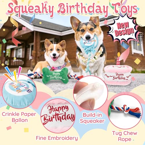 LECHONG 7Pcs Dog Birthday Toys Gifts, No-Mess Paw Print Keepsake Kit with Squeaky Dog Cake Toy, Plush Crinkle Toy, Pet-Safe Ink Pad & Photo Frame for Small Medium Dogs - style: Dog Birthday Toys