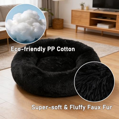 Calming Donut Dog Beds for Small Dogs Kitten - Washable Removable Cover Non-Slip Bottom, Round Pet Bed Puppy Bed Warming Fluffy Faux Fur Anti-Anxiety, Fits up to 15 lbs (Black, 20") - color: Black, size: 20"L x 20"W x 8"Th