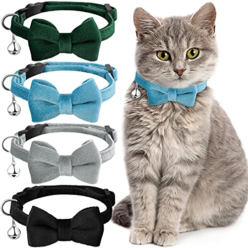 4 Pieces Cat Bow Tie Collar with Bell Breakaway Cat Comfortable Velvet with Cute Safety Pet Collar for Pet Kitten Puppy(Small,Black, Gray, Dark Green, Blue) - color: Black, Gray, Dark Green, Blue, size: Small