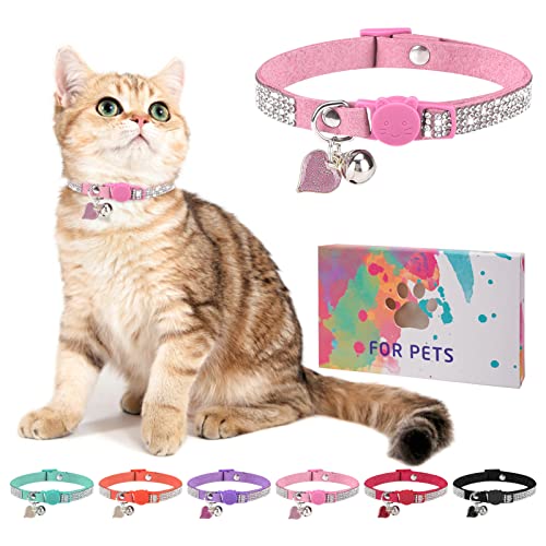 Rhinestone Cat Collar Breakaway with Bell, Diamond Cat Collar with Safety Buckle Quick Release for Girl Boy Kitten Pets Puppy,Cute Soft Female Male Cat Collars,Valentine's Day Pink 8-12" - color: Pink (1 Pack), size: 8"-12" Cats / Mini Dogs