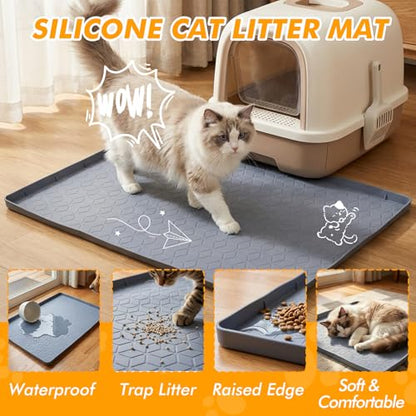 Silicone Cat Litter Mat for Litter Box, 31" x 22" Large Leak-Proof Tray, Scatter Control for Cat Litter, Soft Durable Material, Waterproof & Easy Clean Mat for Indoor Cats, Gray