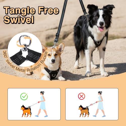 ElevateTech Double Dog Leash for Two Dogs No Tangle Dual Leash Heavy Duty Adjustable Reflective Bungee Retractable Split Multiple Leashes for Walk Fit All Sized Breeds Black