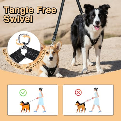 ElevateTech Double Dog Leash for Two Dogs No Tangle Dual Leash Heavy Duty Adjustable Reflective Bungee Retractable Split Multiple Leashes for Walk Fit All Sized Breeds Black