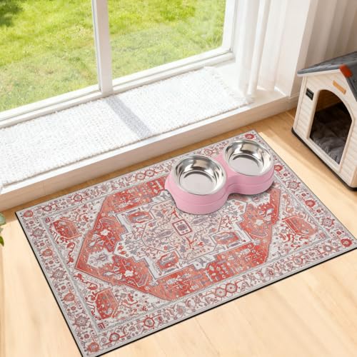 famibay Dog Food Mat, Absorbent Cat Dog Mats for Food and Water, No Stains Quick Dry Pet Cat Bowl Mats with Non Slip Backing, Boho Pet Feeding Mat for Floor Waterproof 12"x20" - color: Vintage Orange, size: S(12"×20")
