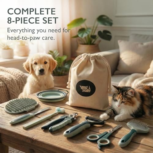 HamInWay 8-in-1 Pet Grooming Kit for Dogs & Cats – Includes Brushes, Combs, Nail Clippers & File – Professional Grooming Tools Set in Logo Bag – Safe, Gentle & Durable – Ideal for All Pet Sizes