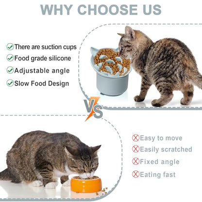 Silicone Cat Slow Feeder, Elevated Slow Feeder Bowl Tilt Design, Suitable for Dry and Wet Food, Adjustable Angle, Cat Food Puzzle with Suction Cup(Gray) - color: Gray