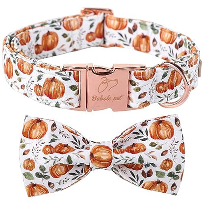 Pumpkin Dog Collar with Bow Tie - Fall Halloween Thansgiving Designer Dog Collars, Adjustable Cotton Metal Buckle Bowtie Collar for Small Medium Large Boy Girl Dogs XS - color: B-White Pumpkin, size: XS