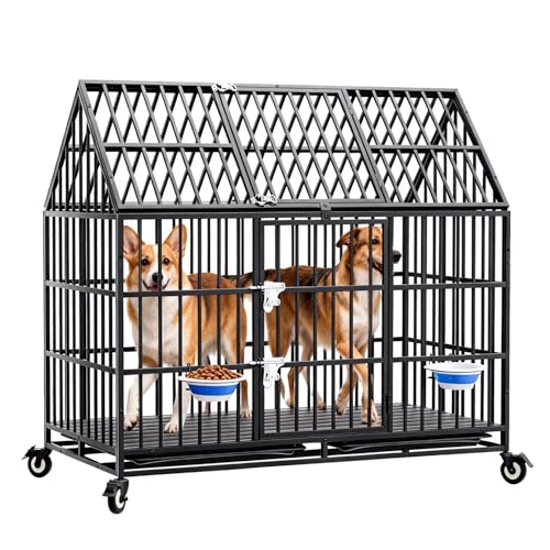 54 inch Heavy Duty Dog Crate with 2 Bowls, Indestructible Escape-Proof Dog Kennel Double Door, High Anxiety Large XXL Cage Indoor with Wheels and Trays, Max Load Capacity 300lbs - size: 53.9"L x 29.7"W x 46.1"H