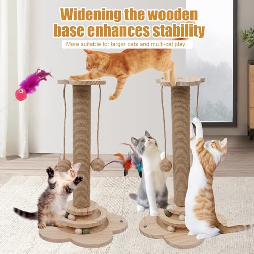 4 inch Wider Design for Large Cats Providing Greater Stability,4-in-1 Wooden Cat Scratcher Toy,Scratching Post&2-Level Track Tower with 8 Balls&2 Sisal Ball&2 Cat Wand Toy(15.8" L x 15.8" W x 19" H) - size: 15.8"L x 15.8"W x 3.1"H