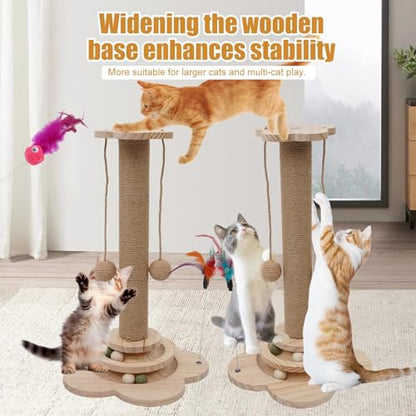 4 inch Wider Design for Large Cats Providing Greater Stability,4-in-1 Wooden Cat Scratcher Toy,Scratching Post&2-Level Track Tower with 8 Balls&2 Sisal Ball&2 Cat Wand Toy(15.8" L x 15.8" W x 19" H) - size: 15.8"L x 15.8"W x 3.1"H