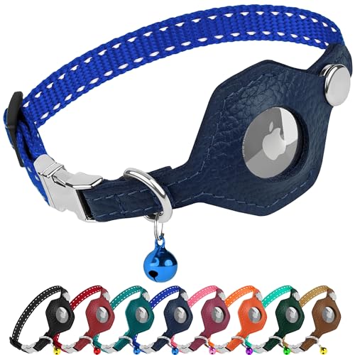 Reflective AirTag Cat Collar with Metal Buckle - Leather Soft Non Breakaway Cat Collars with Apple Air Tag Holder and Bell - Tracking GPS Secure Pet Collars for Cats Kitten Puppy (Blue) - color: Blue
