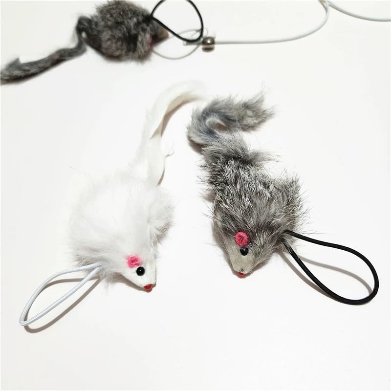 Real Rabbit Fur Mouse Cat Toy - 5 Pack with Crinkle Sound, Rattle & Rope, Extra-Wide Durable Tail, Interactive Hunting Toys for Indoor Cats (No Catnip) - color: White/Grey