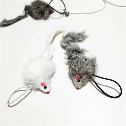 Real Rabbit Fur Mouse Cat Toy - 5 Pack with Crinkle Sound, Rattle & Rope, Extra-Wide Durable Tail, Interactive Hunting Toys for Indoor Cats (No Catnip) - color: White/Grey