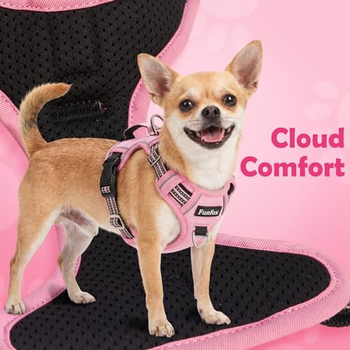 Funfox Dog Harness No Pull, Adjustable Pet Vest Harness, Super Soft Material with Vertical Handle Easy Control, Reflective Night Walking, 2 Leash Clips for Small Sized Dogs, Pink, S - color: Pink, size: Small
