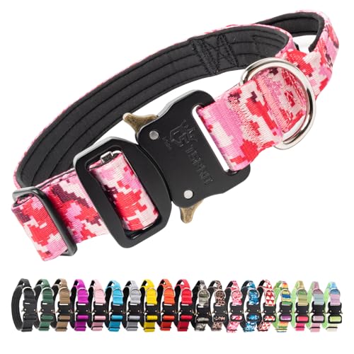 TSPRO Premium Dog Collars Tactical Dog Collar with Handle and Heavy Duty Quick-Release Metal Buckle Durable Thick and Adjustable for Medium to Large Dogs (Camo Pink M) - color: Camo Pink, size: Handle-Equipped M (14.5"-18" Adjustable)