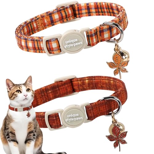 Unique style paws 2 Pack Autumn Halloween Kitten Collar Breakaway with Bell&Pendant, Adjustable Safety Coloeful Orange Brown Grid Cat Cotton Collar for Girl Boy Cat and Small Pet - color: Colorful Orange Brown Grid