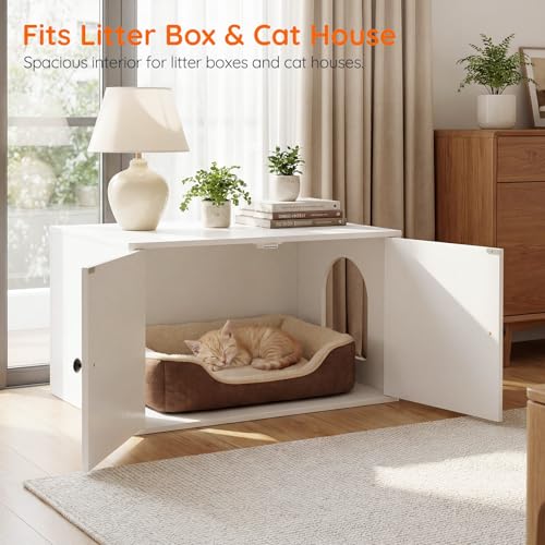 HOOBRO Cat Litter Box Enclosure, Hidden Litter Box Furniture with Side Entry, Litter Box Cabinet, Indoor Cat House, End Side Table, 31.5"L x 17.7"W x 16.3"H, for Living Room, Bathroom, White WT40MW01 - color: White