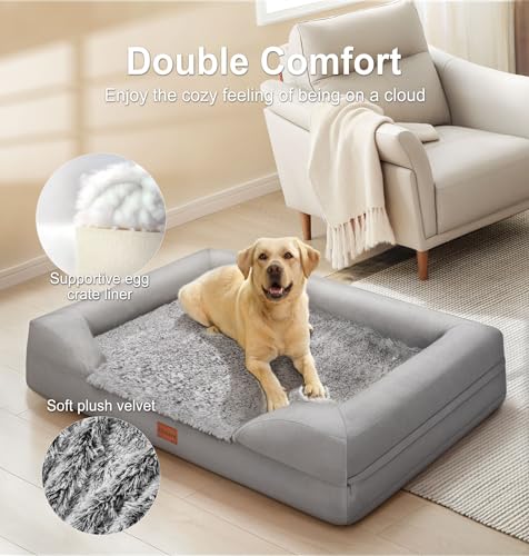 Gimars 3.7in Thickened Orthopedic Dog Bed for Large Dogs, Supportive L Dog Sofa Bed with Bolster & 28D Egg-Crate Mattress, Waterproof Lining, Washable Plush Cover for Arthritic Dogs