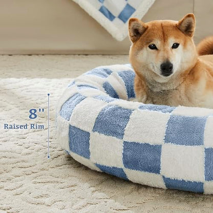 Ohocut Checkered Cat Dog Bed, Cute Blue Retro Style Aesthetic Round Warming Pet Calming Beds for Small Dog and Cats, Plush Cozy Donut Beds Washable, 23" L x 23" W x 8" Th - color: Blue, size: 23"L x 23"W x 8"Th