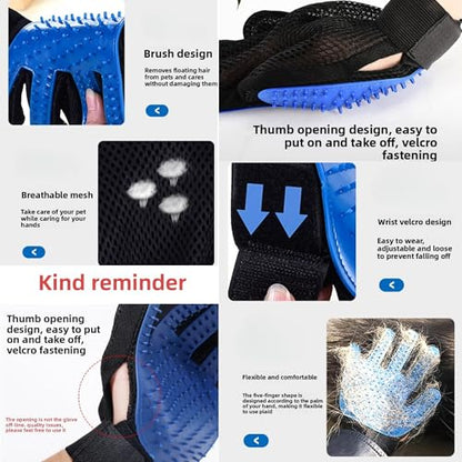 Deshedding Glove & Detangling Comb Set for Dogs Cats - Grooming Brush for Shedding, Bathing, Bonding, Small Animals & Horses - Right Hand Use (Blue)