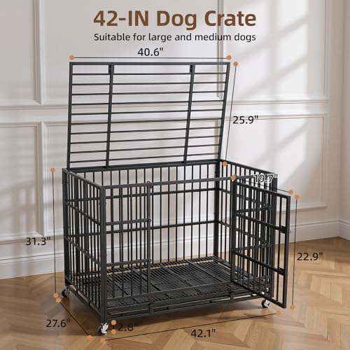 VOWNER 42 inch Heavy Duty Indestructible Dog Crate, Escape-Proof Dog Crate Cage Kennel with 4 Lockable Wheels, High Anxiety Dog Crate with Double Door and Removable Tray Design, for Large Dogs - size: 42.1"L x 27.6"W x 31.3"H