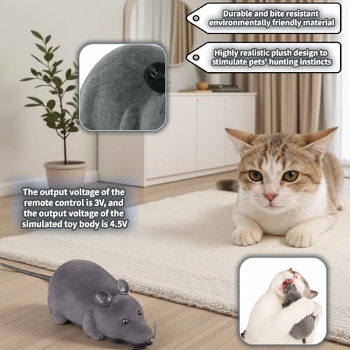 Remote Control Mouse Cat Toy, Realistic RC Interactive Pet Toy with Wireless Controller, Forward and Backward Movement, Gray Plush Electronic Mouse for Cats and Dogs, Funny Pet Teaser for Indoor Cats