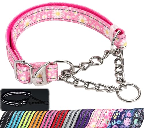 Martingale Collar for Dogs with Pink Daisy,Reflective Nylon Adjustable No Pull Dog Training Chain Collar Training, Walking, Hunting for All Breeds(Pink Daisy M) - color: 1, size: M(Neck12"-17")