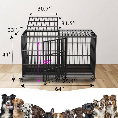 Extra Large Dog Crate for Large Dogs, 64 inches Heavy Duty Dog Crate,Indestructible Dog Kennel for High Anxiety Dogs, Lockable Wheels, Double Door, Removable Tray - size: 64''
