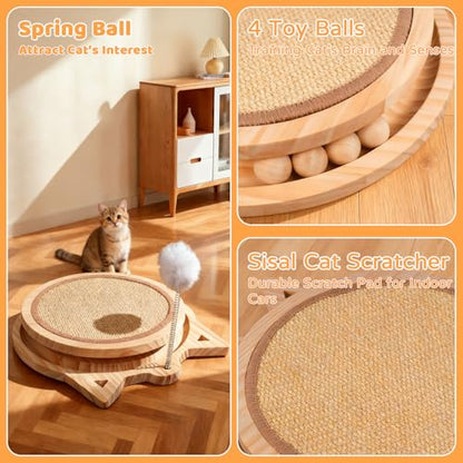 Sisal Cat Scratcher with Ball Track and Spring Toy 3 in 1 Wooden Interactive Cat Toys Cat Scratchers for Indoor Cats and Kitty - style: Single-layer