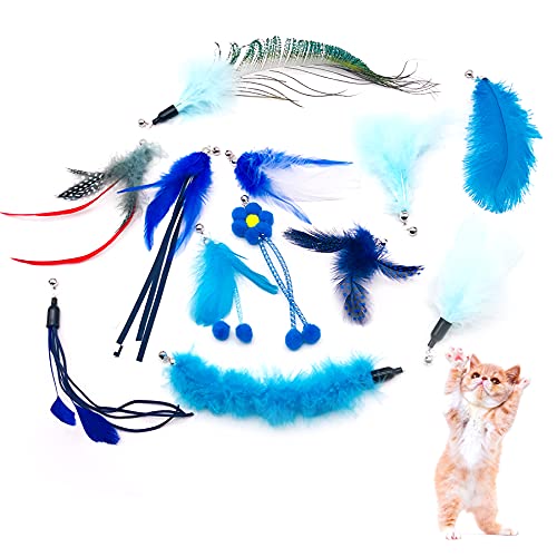 12pcs Cat Feather Toys with Bells Blue for Male Cats Replacement for Wand Boy Kitten Toys Interactive Training Indoor Cat Playing Birthday Gift for Chasing Jumping Exercise Refill Toy - color: Blue+ Royalblue
