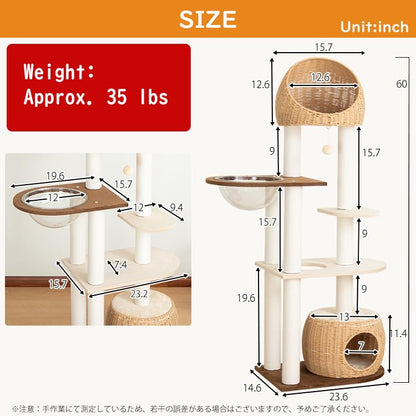 Modern Cat Tree for Large Cat, 60-Inch Tall Cat Tower with Scratching Post for Indoor Cats, Multi-Level Cat Condo with Hand-Woven Cat Bed and Acrylic Bowl (Brown-Particle Board) - color: Brown 81004D