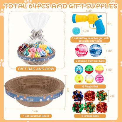 Zopeal 64 Pcs Easter Cat Toy Gift Set Magic Cat Scratcher Board Ball Launcher Gun Crinkle and Yarn and Plastic Bell Ball Kitten Toy with Bow for Pet Interactive Engaging Gift(Bowl Shape) - style: Bowl Shape