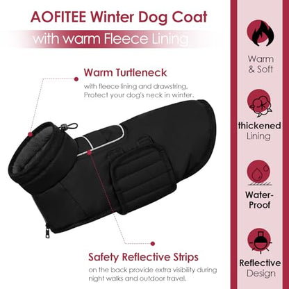 AOFITEE Dog Coat - Waterproof Dog Jacket with Harness Hole & High Collar, Warm Fleece Snow Jacket, Reflective for Small, Medium, Large Dogs - Black XL - color: Black, size: X-Large