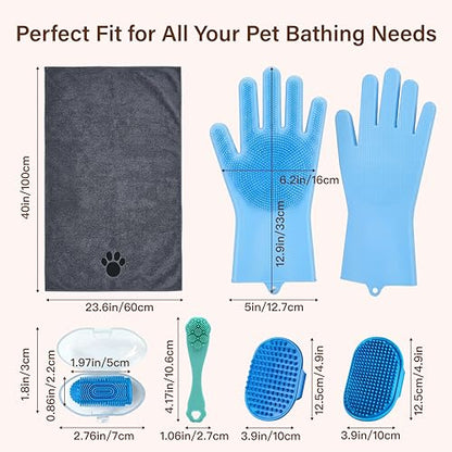 7PCS Dog Bath Supplies, Pet Grooming Kit for Dogs & Cats and Horses - Dog Washing Gloves, Pet Grooming Gloves, Dog Towel 40'' X 23.6'', Dog Bath Brush, Dog Shampoo Brush, Dog Finger Toothbrush (Blue)