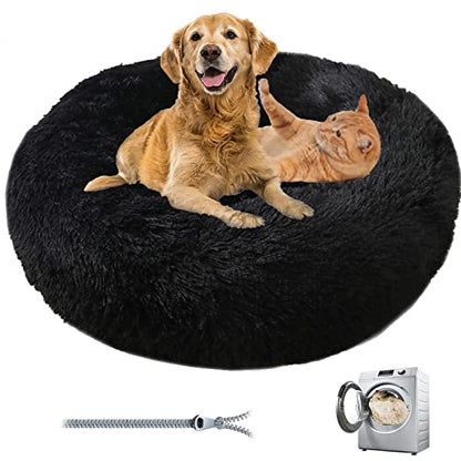 Premium Plush Donut Dog & Cat Bed - Calming, Warm & Soft, Anti-Anxiety, Non-Slip, Washable for Small/Medium/Large Dogs (Black) - color: Black, size: 19.5"50cm