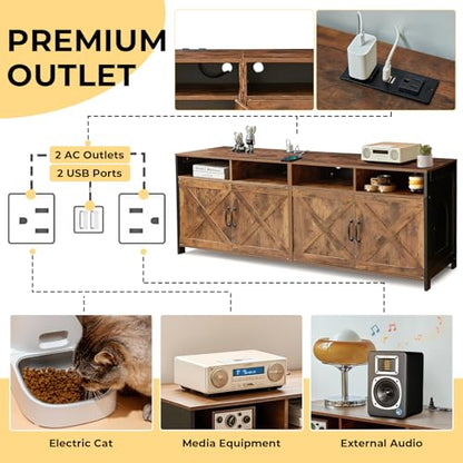 Double Cat Litter Box Enclosure for 2 Cats, 63" Hidden Litter Box Furniture with Outlet Power, Farmhouse Large Litter Box Cabinet TV Stand, 63 x 17.7 x 23.6 in, Black Brown