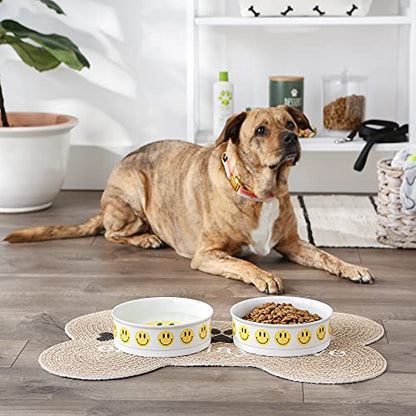 Bone Dry Ceramic Food Bowls, Non-Slip & Dishwasher Safe, Large Set, 7.5x2.4, Smiley Face, 2 Count - color: Smiley Face, size: Large Set, 7.5x2.4"