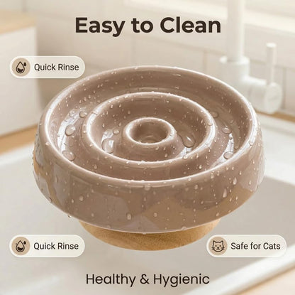 Ceramic Cat Slow Feeder, Raised Slow Feeder Cat Bowl, Anti Vomiting and Whisker Friendly Kitty Dish, Elevated Puppy Kitten Food Bowl for Dry and Wet Food (Brown) - color: Brown