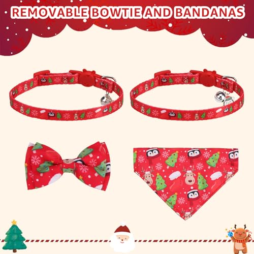SCENEREAL Christmas Cat Bandana Collar with Bell Bowtie - 2 Pack Breakaway Kitten Collars, Adjustable Cute Pet Accessories for Cats and Small Dogs - color: Bandanas & Bow (Christmas Print)