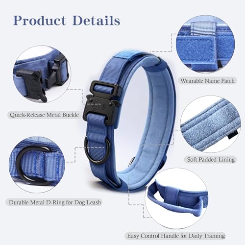 Tactical Dog Collar and Leash Set Adjustable Military Nylon Dog Collar with Control Handle and Heavy Duty Metal Buckle for Large Dogs（Dark Blue S - color: Dark blue SET(collar+leash), size: Small (Pack of 1)