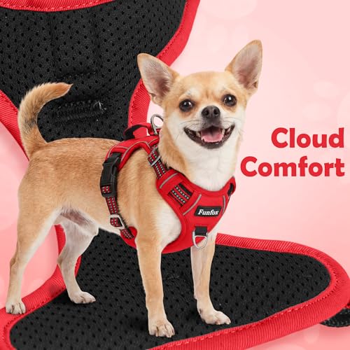 Funfox Dog Harness No Pull, Adjustable Pet Vest Harness, Super Soft Material with Vertical Handle Easy Control, Reflective Night Walking, 2 Leash Clips for Small Sized Dogs, Red, S - color: Red, size: Small