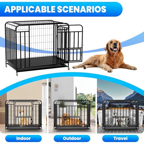 37-Inch Medium Dog Crate with Divider, Double Door Folding Alloy Metal Wire Cage with Leak-Proof Plastic Tray, Portable Pet Kennel for Indoor, Outdoor, and Travel,Black