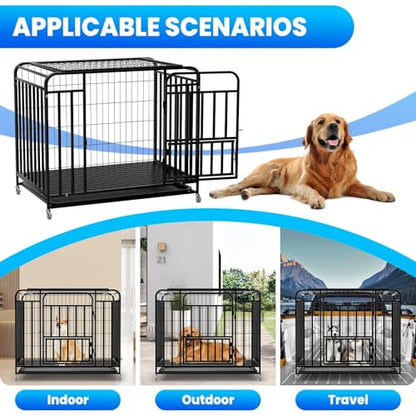 37-Inch Medium Dog Crate with Divider, Double Door Folding Alloy Metal Wire Cage with Leak-Proof Plastic Tray, Portable Pet Kennel for Indoor, Outdoor, and Travel,Black