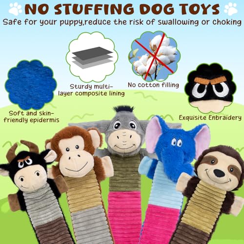 5 Pack No Stuffing Dog Squeaky Toys, Dog Chew with Crinkle and Squeaker, Cute Animal Plush to Keep Them Busy for Tug of war, Not Suitable for Aggressive Chewers - style: Donkey, Elephant, Cattle, Monkey, Sloth