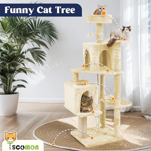 58.5inch Large Cat Tree Tower Condo for Indoor Cats, Soft Plush Multi-Level Climbing Tree Cat House, Scratching Post, More Entrance/Exit, Sisal Rope, Beige Almond - color: Beige Almond