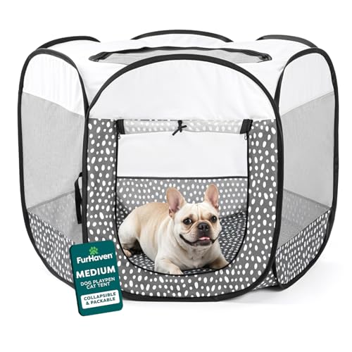 FurHaven Portable Pet Playpen for Dogs & Cats, Foldable Indoor Kitten Playpen with Mesh Sides, Pop Up Travel Dog Pen, Medium, Gray Pebbles - color: Gray Pebbles, size: Medium