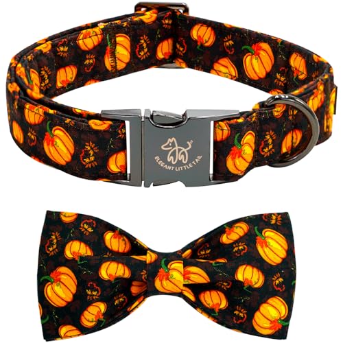 Elegant little tail Fall Dog Collar, Halloween Pet Collars with Bow Cute Pumpkin Print Puppy Collar Female or Male Cotton Adjustable Collars for Small Medium Large Dogs - color: Orange Flower&Pumpkin, size: X-Small (Pack of 1)
