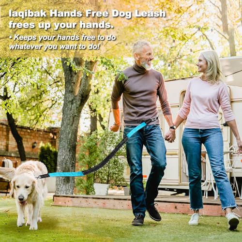 Laqibak Hands Free Dog Leash, Adjustable Waist Leash for Dog, Handle Bungee 4.2-6.7 Feet Long with Reflective Stitches for Walking Hiking Running, Fits 26"- 43" Waist, Black & Blue - color: Black+Blue