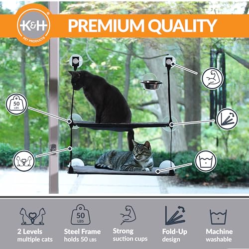 K&H Pet Products EZ Mount Double Stack Cat Window Perch for Large Cats, Sturdy Window Hammock Bed, Steel Frame, Sturdy Suction Cups, 2 Washable Shelf Covers, Foldable - Fits 27"W X 31"H Glass Spaces - style: Double Stack
